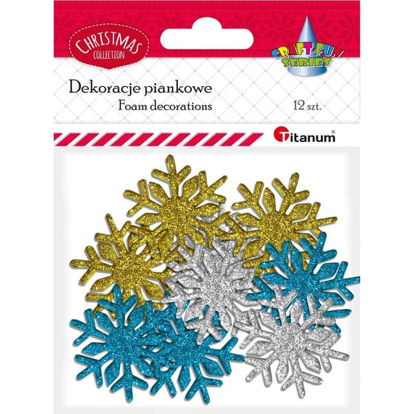 Vaahtomuovi lumihiutalekoristeet, värikäs, 12 kpl, Titanum