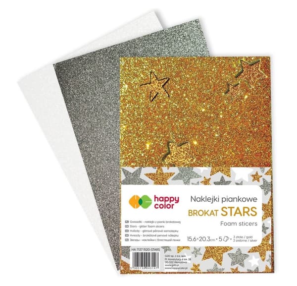 Glitterstickers A5 3 stk guld sølv hvid Happy Color Stars