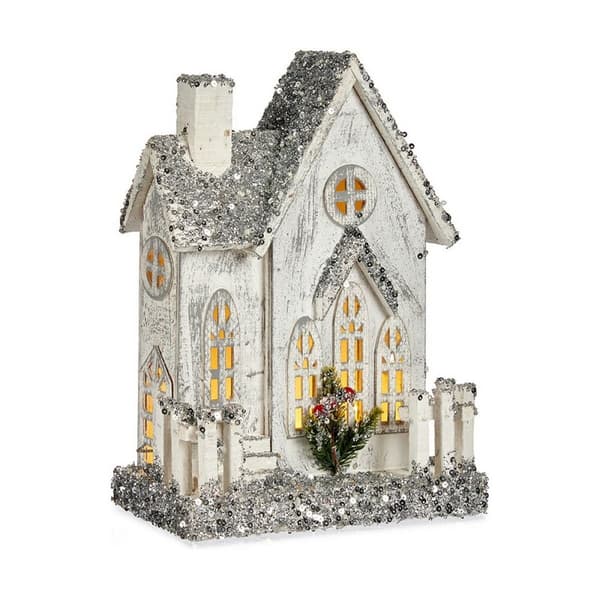 Koristehahmo Joulu Glitter LED Valo Talo 24,5 x 32 x 12 cm Harmaa Puu Valkoinen