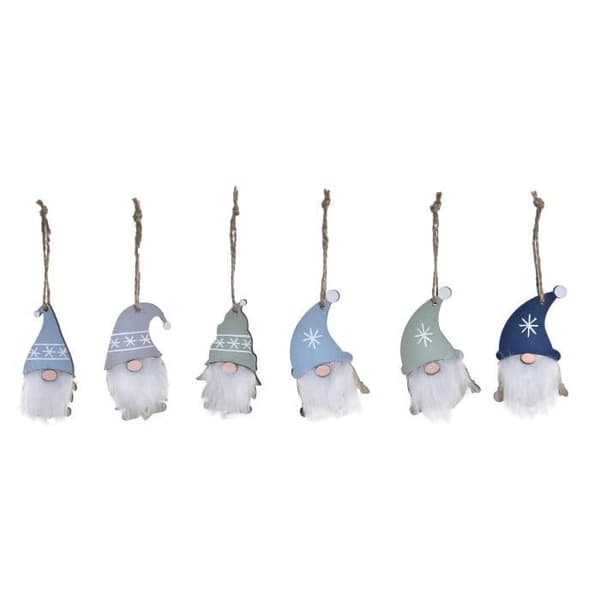 PAPA Noël Tree Suspensions SET om 6 i trägarn och skäggfärg Gråblå JULdekoration