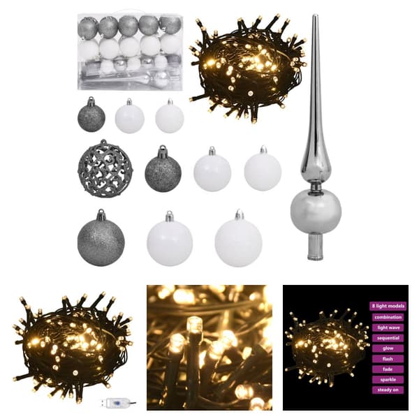 The Living Store 61-osainen Joulupallosetti latvalla 150 LED-valoa valkoharmaa -  Jouluvalaistus