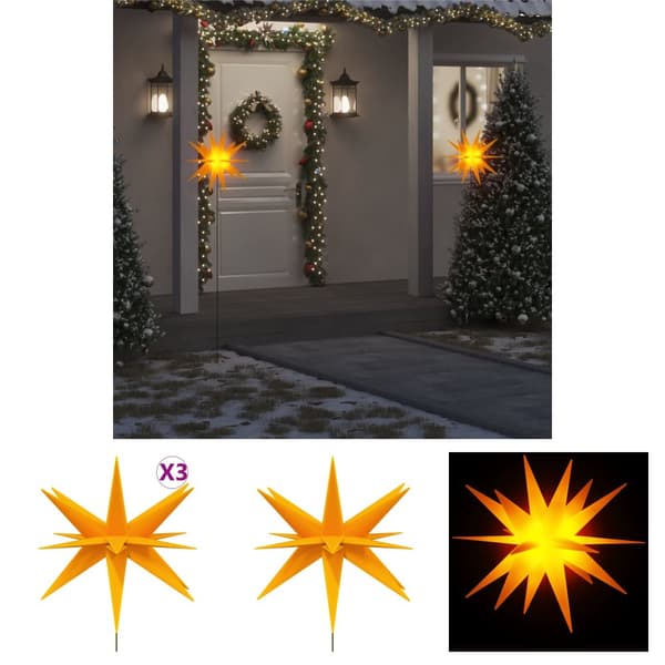 The Living Store juledekoration med LED-lys og jordspyd 3 stk. 57 cm foldbar gul - Julebelysning