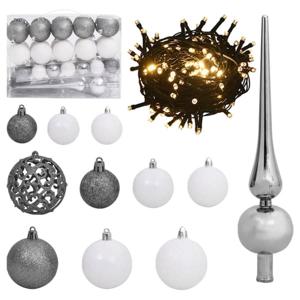 61-osainen Joulupallosetti latvalla 150 LED-valoa valkoharmaa - Joulupallosarja - Joulupallosarjat - Home & Living