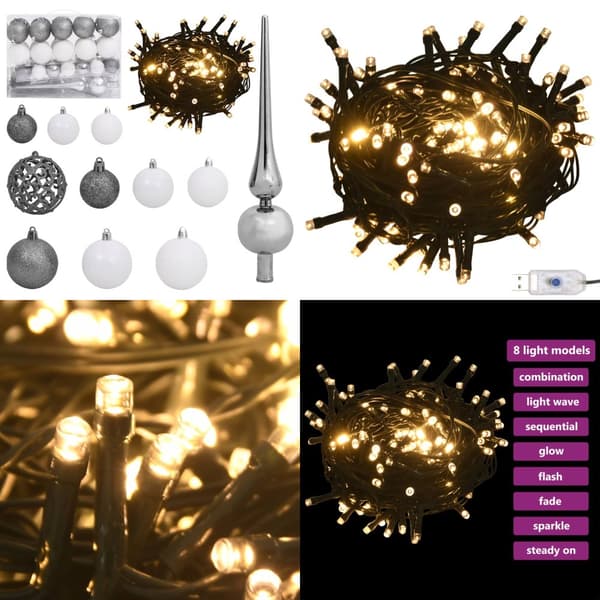 61-osainen Joulupallosetti latvalla 150 LED-valoa valkoharmaa - Joulupallosarja - Joulupallosarjat - Home & Living