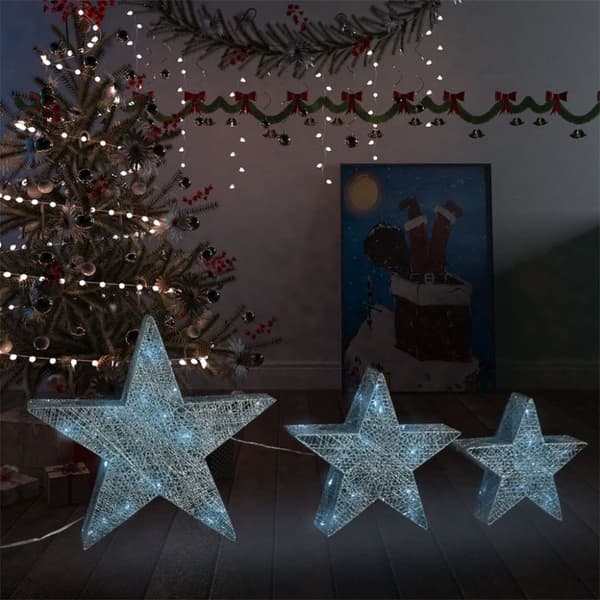 Joulukoristetähdet 3 kpl hopeaverkko LED sisälle ja ulos - Joulukoristetähti - Joulukoristetähdet - Home & Living