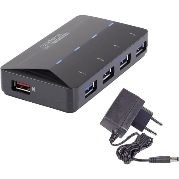Renkforce 4+1 Port USB-Hub 3.0 med snabb-laddning, med status-LED Svart