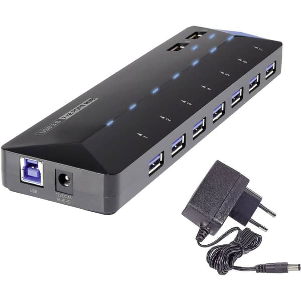 Renkforce 7+2 Port USB-Hub 3.0 med snabb-laddning, med status-LED Svart