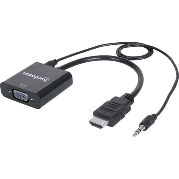 Manhattan 151559 HDMI / Teleplugg / VGA Adapter [1x HDMI hane - 1x VGA hona, Telejack 3.5 mm] Svart 0.26 m