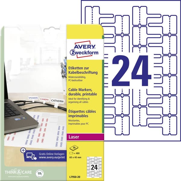 Avery-Zweckform L7950-20 Kabel-etikett 60 x 40 mm Polyesterfilm Vit 480 st Permanent Laser, Färglaserskrivare