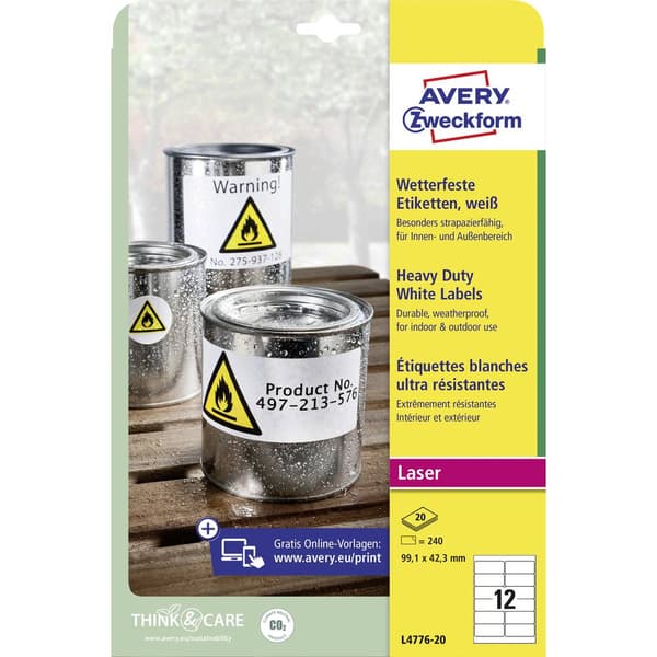 Avery-Zweckform L4776-20 Folieetiketter 99.1 x 42.3 mm Polyesterfilm Vit 240 st Permanent Laser, färg, Laser, Färgkopia