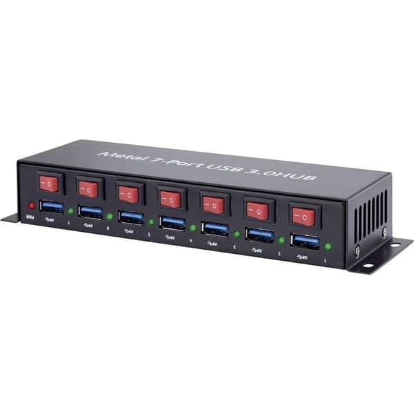 Renkforce RF-3269622 7 Port USB-Hub 3.0 Metallhölje, individuellt omkopplingsbara, väggfäste Svart