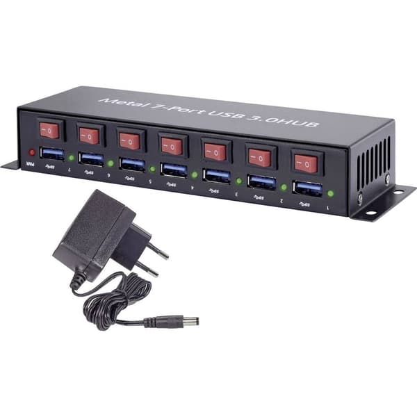 Renkforce RF-3269622 7 Port USB-Hub 3.0 Metallhölje, individuellt omkopplingsbara, väggfäste Svart