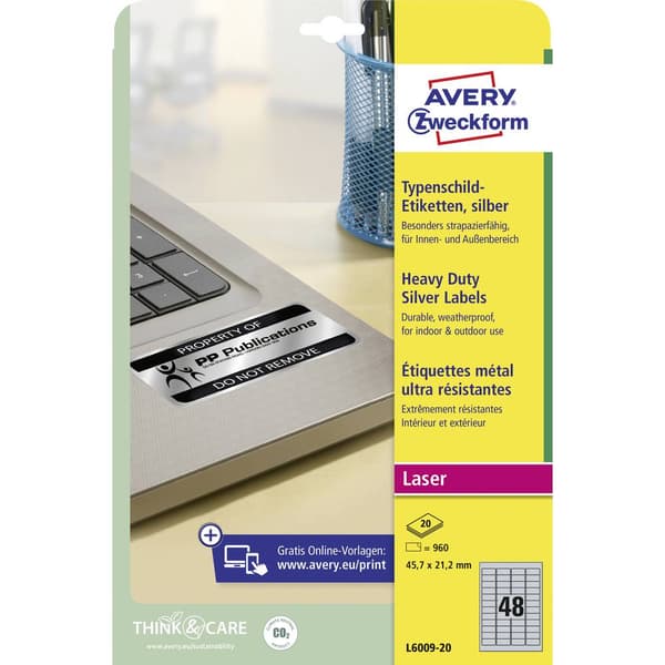 Avery-Zweckform L6009-20 Märkskyltsetiketter 45.7 x 21.2 mm Polyesterfilm Silver 960 st Permanent Laser, Kopiator, Färg