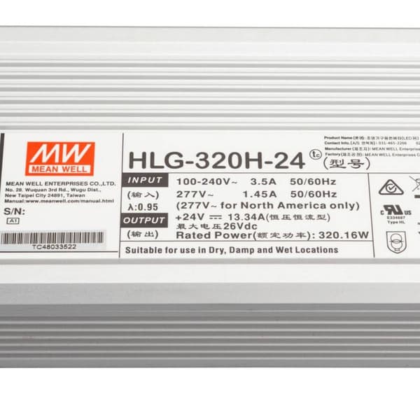 Mean Well HLG-320H-24 LED driver, LED transformator Konstantspänning, Konstantström 320 W 13.3 A 24 V/DC PFC-krets, Öve