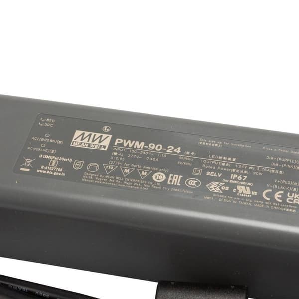 MW Mean Well PWM-90-24 LED transformator Konstantspänning 90 W 0 - 3.75 A 24 V/DC dimbar, PFC-krets, Överbelastningssky