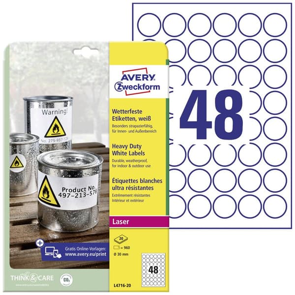 Avery-Zweckform L4716-20 Folieetiketter Ø 30 mm Polyesterfilm Vit 960 st Permanent Laser, färg, Laser, Färgkopiator, Ko