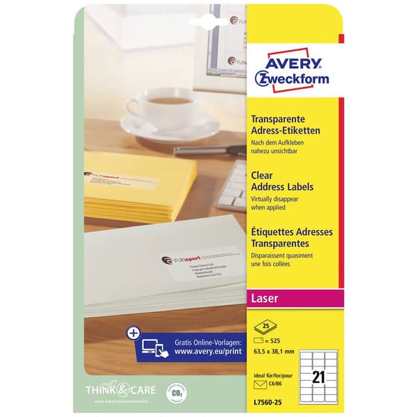 Avery-Zweckform L7560-25 Adressetiketter 63.5 x 38.1 mm Polyesterfilm Transparent 525 st Permanent Bläckstråleskrivare,