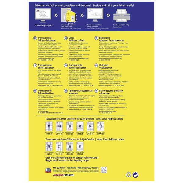 Avery-Zweckform L7560-25 Adressetiketter 63.5 x 38.1 mm Polyesterfilm Transparent 525 st Permanent Bläckstråleskrivare,