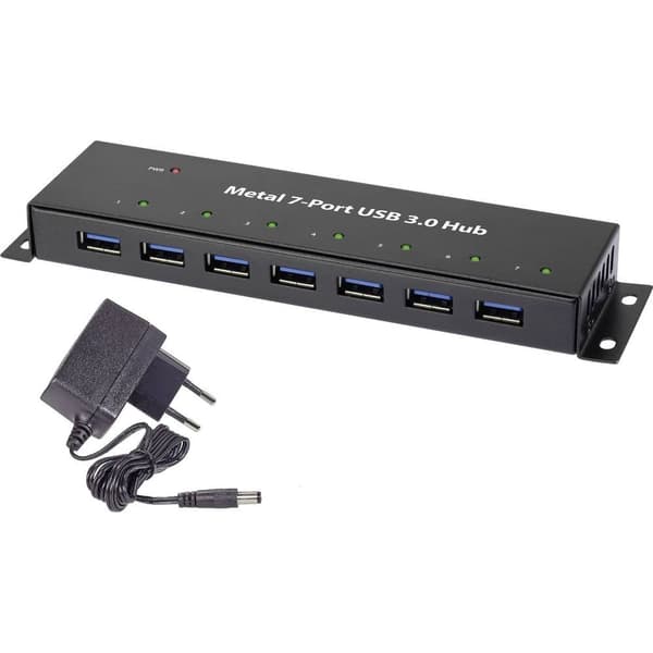 Renkforce RF-3955359 7 Port USB-Hub 3.0 väggfäste, Metallhölje Svart