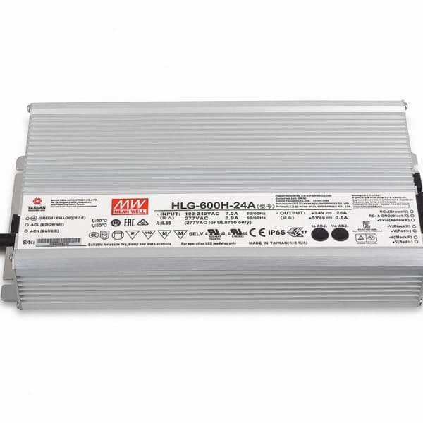 Mean Well HLG-600H-24A LED driver, LED transformator Konstantspänning, Konstantström 600 W 25 A 24 V/DC PFC-krets, Över