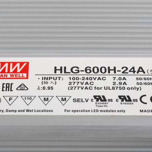 Mean Well HLG-600H-24A LED driver, LED transformator Konstantspänning, Konstantström 600 W 25 A 24 V/DC PFC-krets, Över