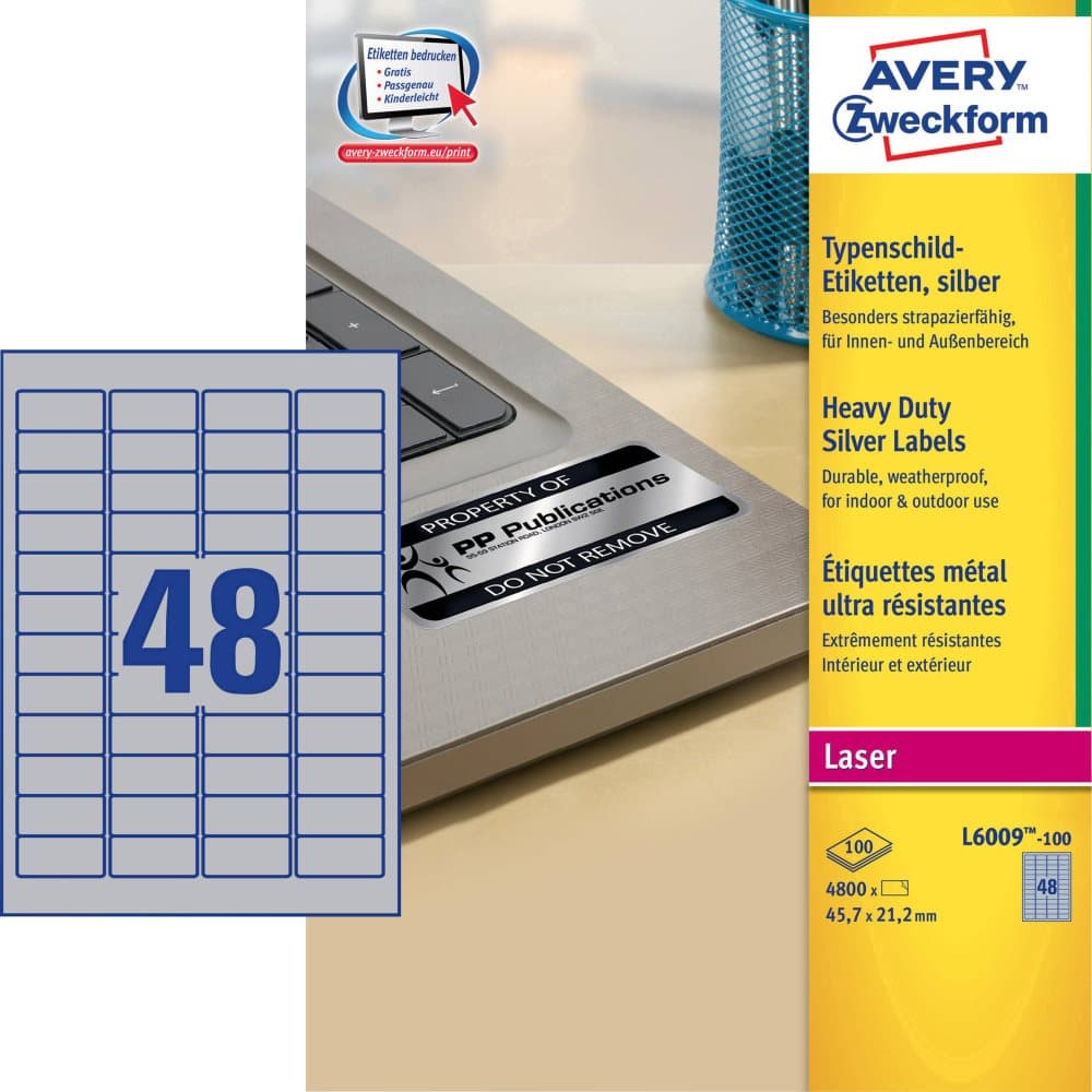 Avery-Zweckform Navneskilt etiketter L6009-100 45,7 x 21,2 mm polyesterfilm Slv 4800 St. permanent L6009-100 (), Slv, 4800 stk, Permanent