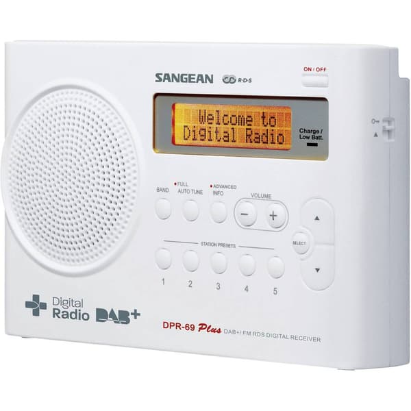 Väskradio Sangean DPR-69+ DAB+, FM Batteri-laddningsfunktion Vit