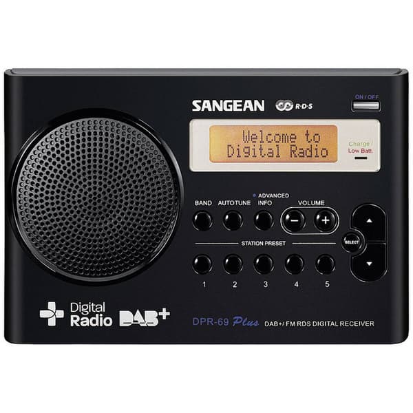 Väskradio Sangean DPR-69+ DAB+, FM Batteri-laddningsfunktion Svart