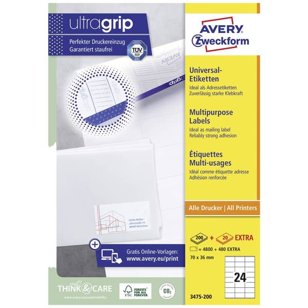 Avery-Zweckform 3475-200 Universaletiketter 70 x 36 mm Papper Vit 5280 st Permanent Bläckstråleskrivare, Laser, Laser,