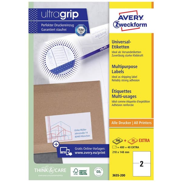 Avery-Zweckform 3655-200 Universaletiketter 210 x 148 mm Papper Vit 440 st Permanent Bläckstråleskrivare, Laser, Kopiat