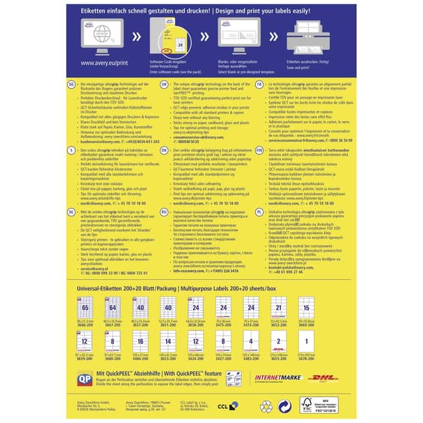Avery-Zweckform 3655-200 Universaletiketter 210 x 148 mm Papper Vit 440 st Permanent Bläckstråleskrivare, Laser, Kopiat