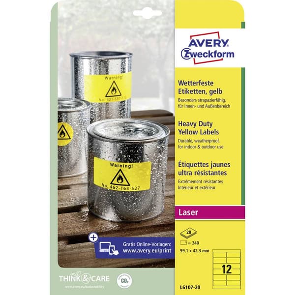 Avery-Zweckform L6107-20 Folieetiketter 99.1 x 42.3 mm Polyesterfilm Gul 240 st Permanent Laser, färg, Laser, Färgkopia
