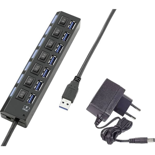 Renkforce 7 Port USB-Hub 3.0 individuellt omkopplingsbara, med status-LED, med iPad-laddningsport Svart