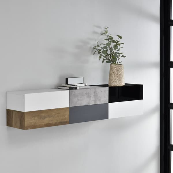 Hylla Sidensjö med låda set om 6 vit högglans svart högglans betongimitation träimitation vit matt mörkgrå 46x30x15cm [en.casa]®