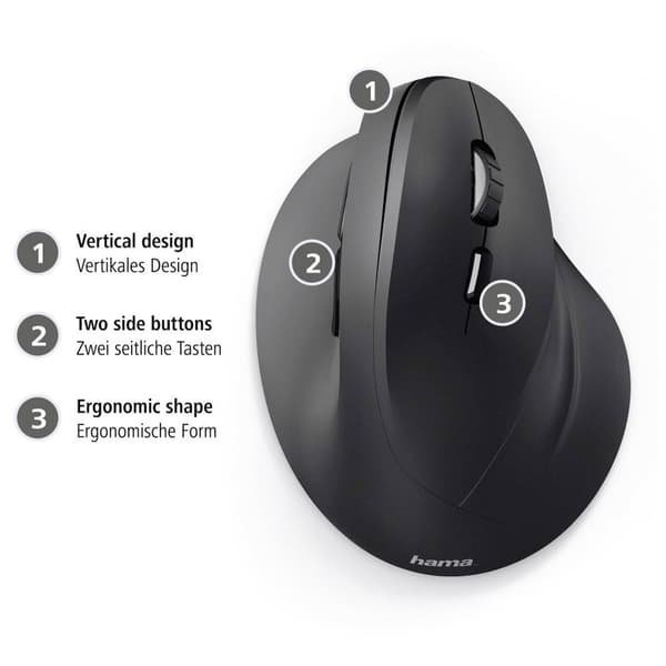 Hama EMW-500 Ergonomisk mus Trådlös Optisk Svart 6 Knappar 1800 dpi Ergonomisk