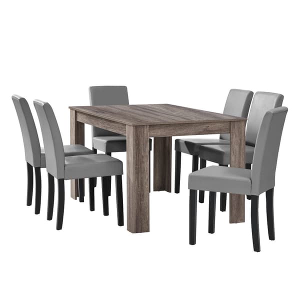 Matbord Eslöv antik ek 140x90 cm och 6 stolar ljusgrå [en.casa]
