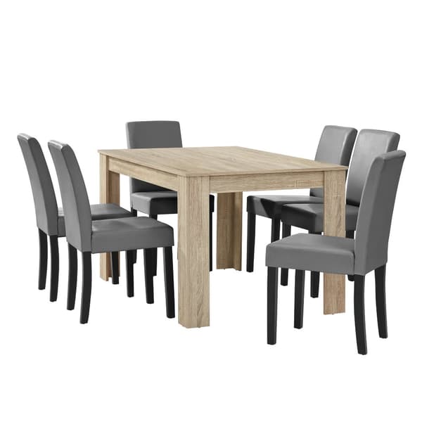 Matbord Eslöv ljus ek 140x90 cm och 6 stolar ljusgrå [en.casa]