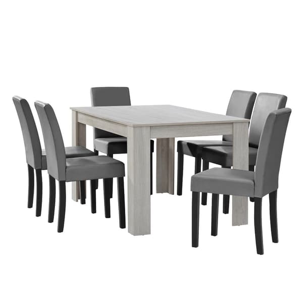Matbord Eslöv vit ek 140x90 cm och 6 stolar ljusgrå [en.casa]