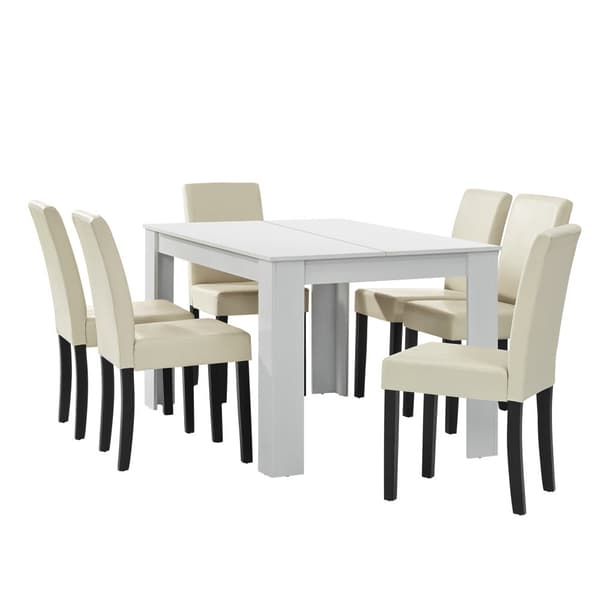 Matbord Eslöv vit 140x90 cm och 6 stolar creme [en.casa]