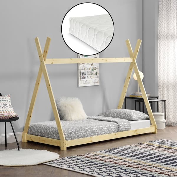 [en.casa]® Børneseng tipi telt inkl. madras - 200x90cm - fyrretræ