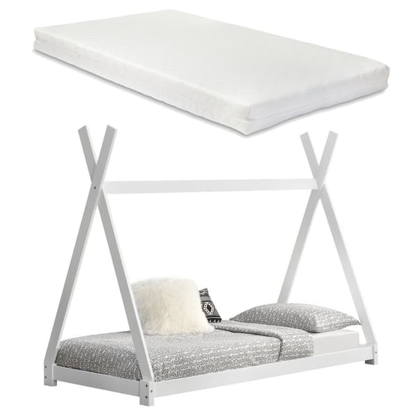 Juniorsäng tipisäng inkl. madrass 200x90cm furu vit [en.casa]