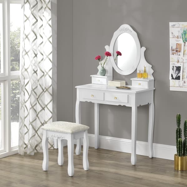 [en.casa]® toiletbord/sminkebord med spejl og stol - 141x75x40cm - hvid