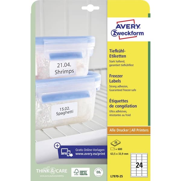 Avery-Zweckform L7970-25 Frysetiketter 63.5 x 33.9 mm Papper Vit 600 st Permanent Bläckstråleskrivare, Laser, Laser, fä