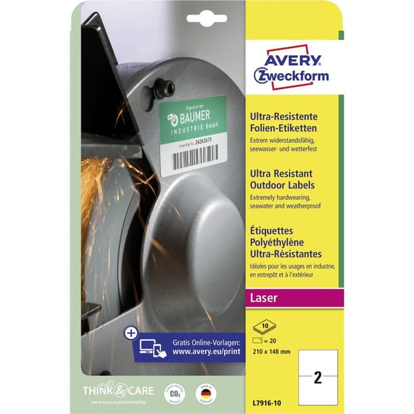 Avery-Zweckform L7916-10 210 x 148 mm Polyetenfilm Vit 20 st Permanent Folieetiketter