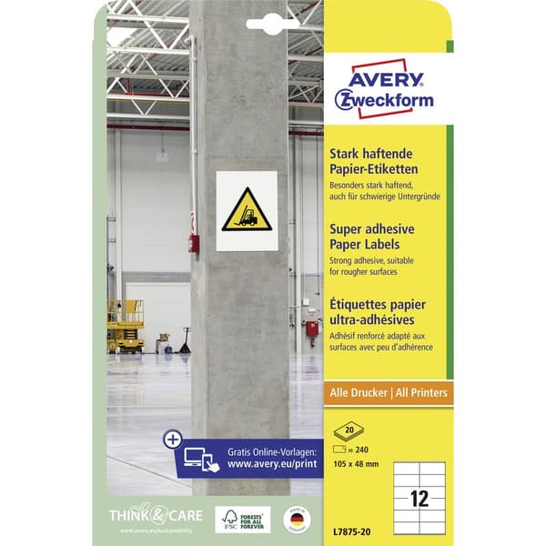 Avery-Zweckform L7875-20 Självhäftande etiketter 105 x 48 mm Papper Vit 240 st Permanent, Starkt Bläckstråleskrivare, L