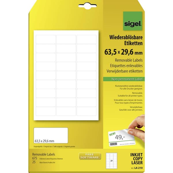 Sigel LA210 Universaletiketter 63.5 x 29.6 mm Papper Vit 675 st Repositionerbart Bläckstråleskrivare, Laser, Laser, fär