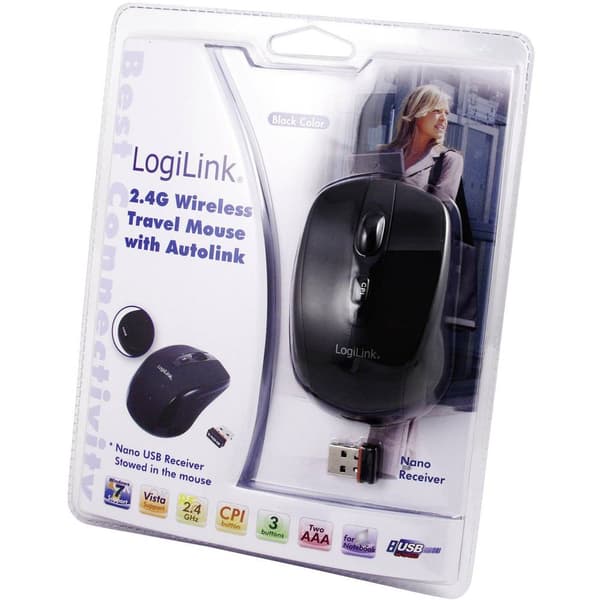 LogiLink Mini WiFi mus Trådlös Optisk Svart 3 Knappar 1600 dpi