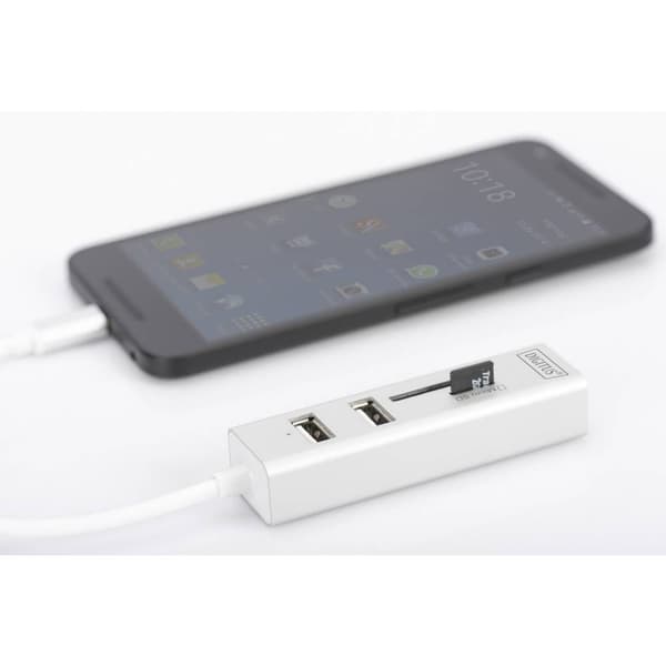Digitus DA-70243 3 Port USB 2.0-Hub med USB-C-kontakt, Aluminiumhölje, OTG, SD-kortläsare, Metallhölje Aluminium