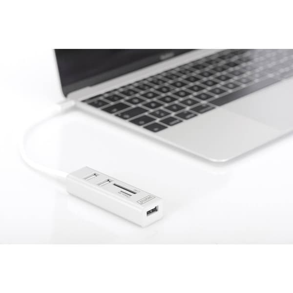 Digitus DA-70243 3 Port USB 2.0-Hub med USB-C-kontakt, Aluminiumhölje, OTG, SD-kortläsare, Metallhölje Aluminium
