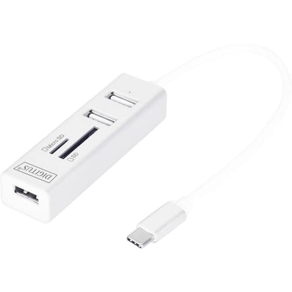 Digitus DA-70243 3 Port USB 2.0-Hub med USB-C-kontakt, Aluminiumhölje, OTG, SD-kortläsare, Metallhölje Aluminium